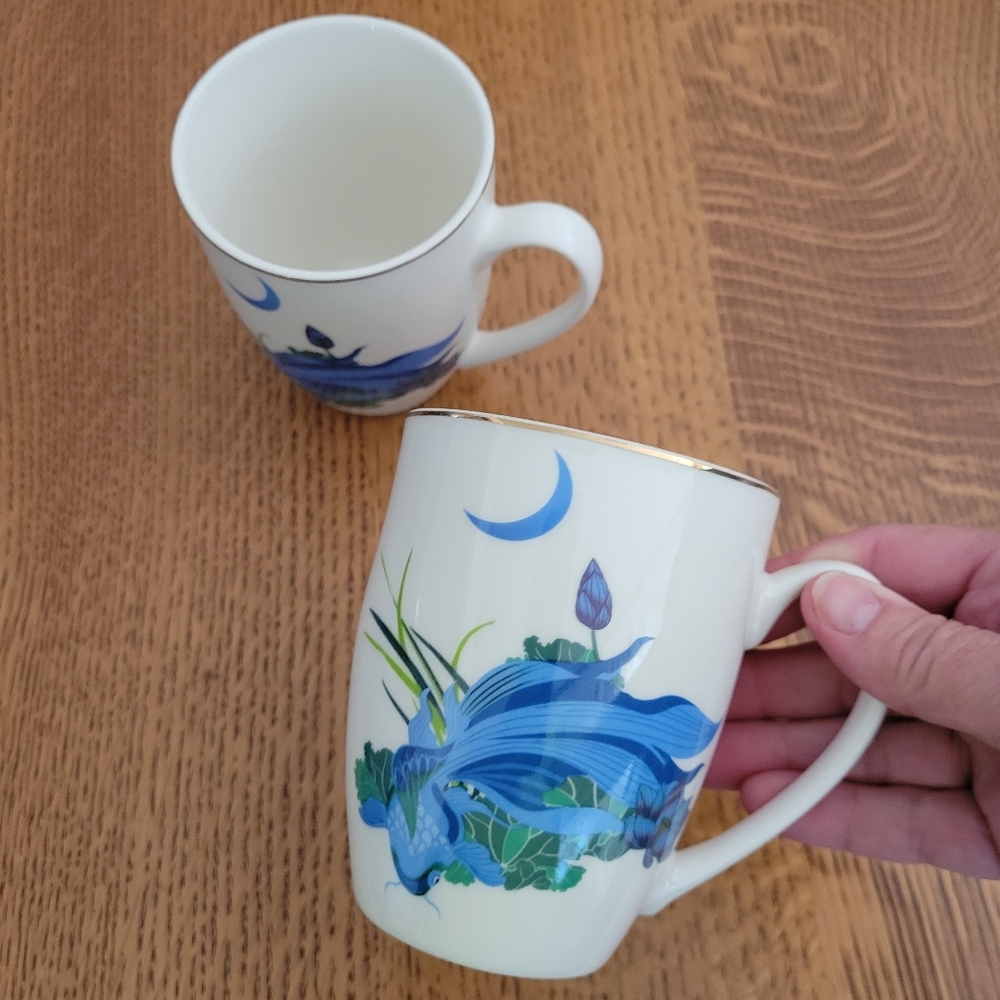 Intechlegent set of 2, Bone China mugs with blue koi fish